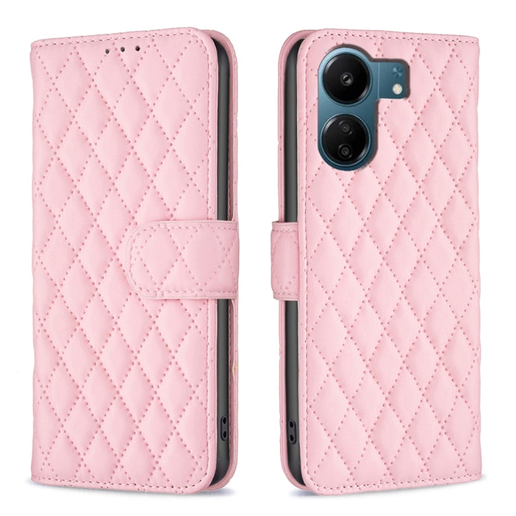 Pink diamond lattice leather flip phone case with wallet-style card holder and rear camera openings