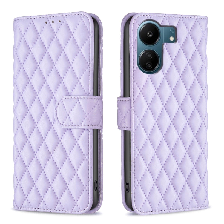 Lavender diamond lattice leather flip phone case with wallet-style card holder and rear camera openings