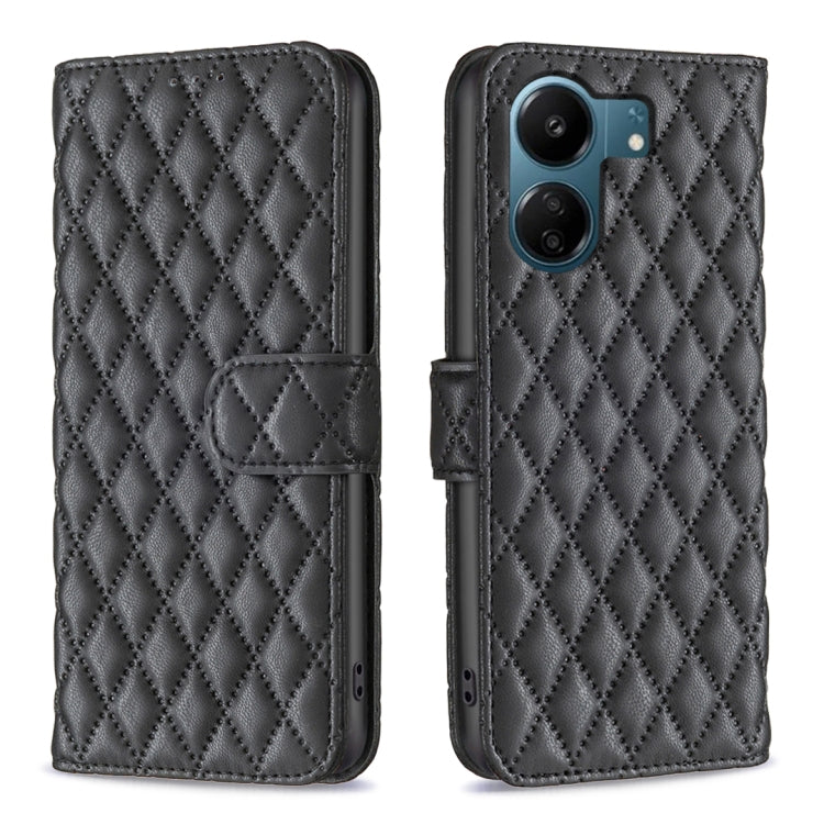Diamond lattice leather flip phone case with belt strap, dark gray/black