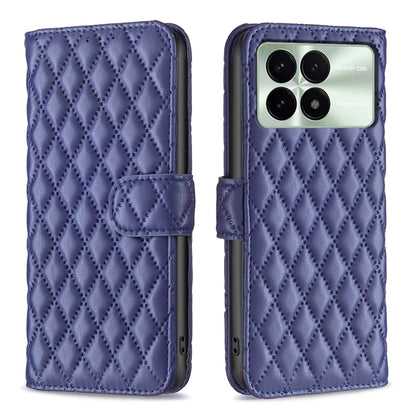 Blue diamond lattice leather flip phone case with magnetic strap and card slot