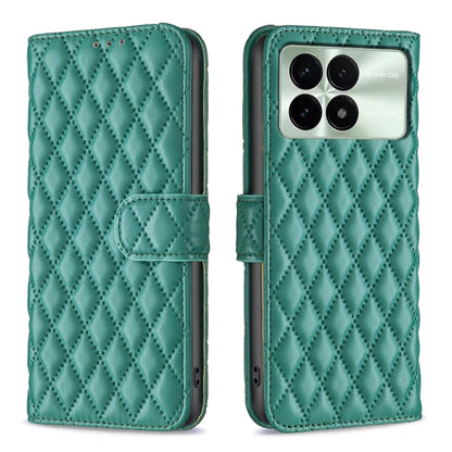 Teal leather flip phone case with diamond lattice texture, magnetic strap, camera cutout