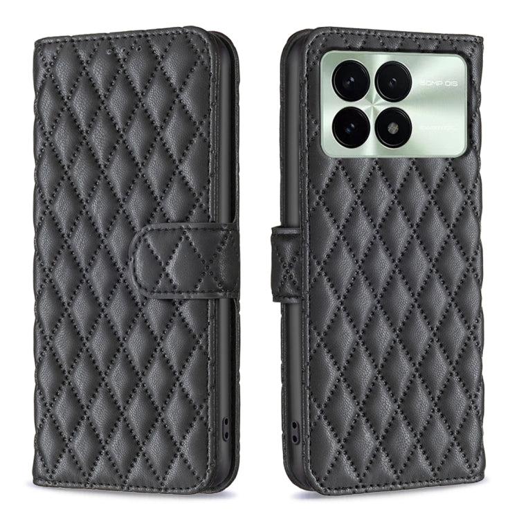 Black leather flip phone case with diamond lattice texture and magnetic strap, camera cutout