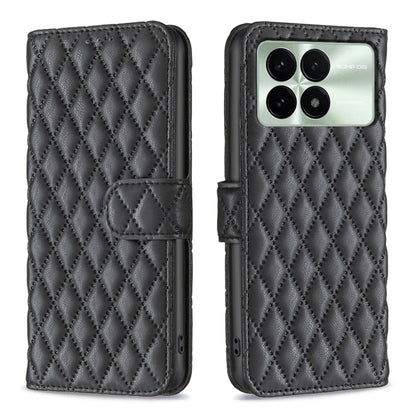 Black leather flip phone case with diamond lattice texture and magnetic strap, camera cutout