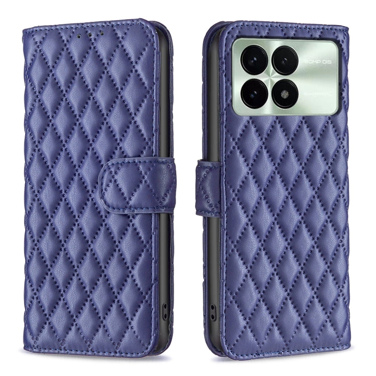 Blue diamond lattice leather flip phone case with magnetic strap and card slot