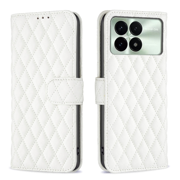 White diamond lattice leather flip phone case with magnetic strap and card slot