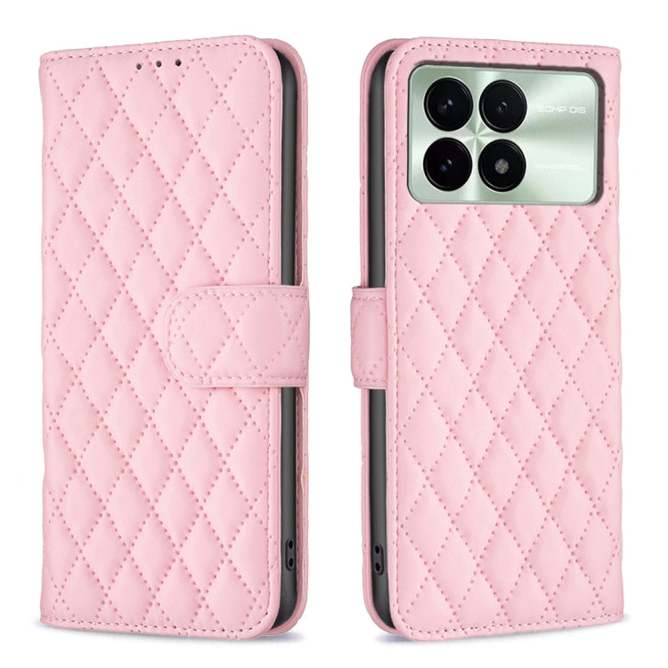 Pink diamond lattice leather flip phone case with magnetic strap and camera cutouts