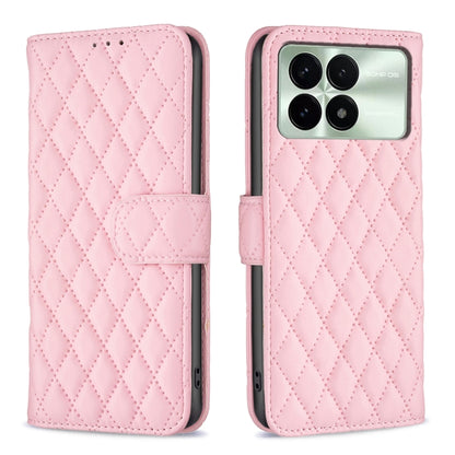 Pink diamond lattice leather flip phone case with magnetic strap and camera cutouts