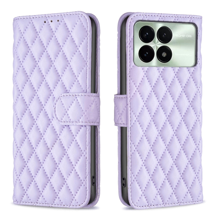 Purple diamond lattice leather flip phone case with magnetic strap and camera cutouts