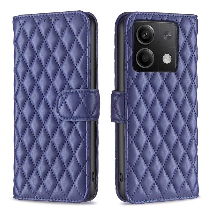 Diamond lattice leather flip phone case with magnetic strap, medium blue