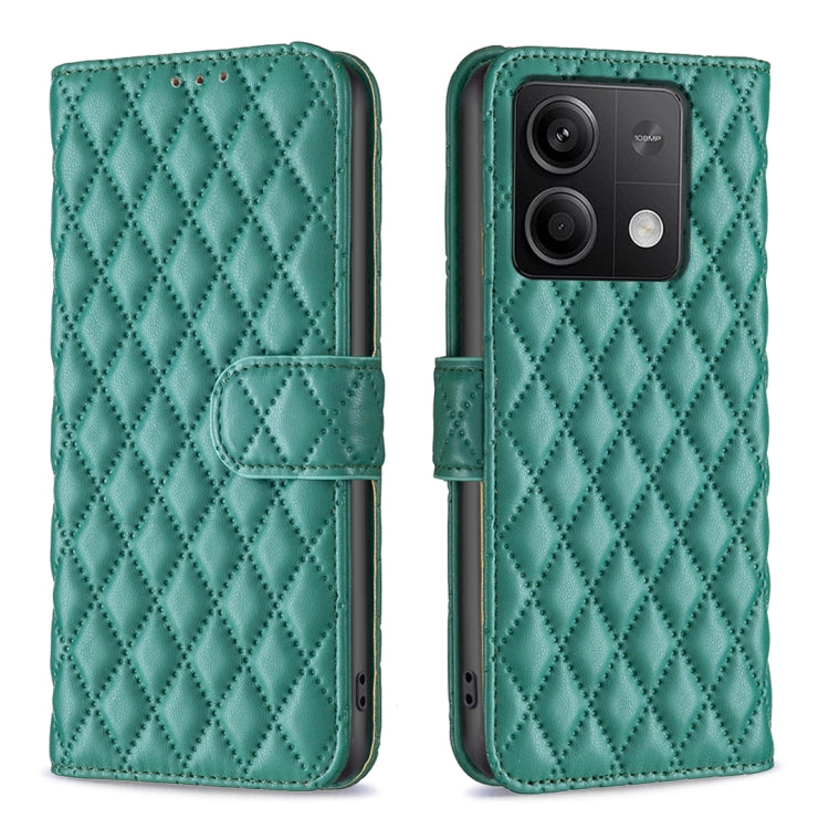 Diamond lattice leather flip phone case with magnetic strap, teal green