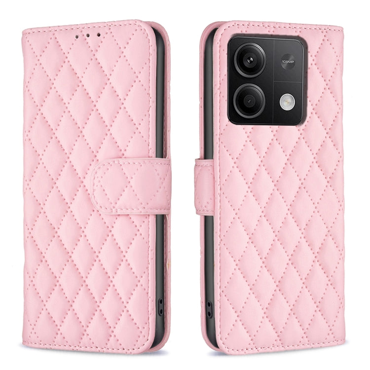 Pink diamond lattice leather flip phone case with magnetic strap and card slot