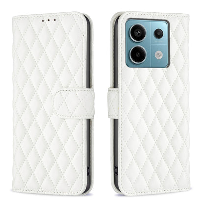 Diamond lattice leather flip phone case with magnetic strap, white