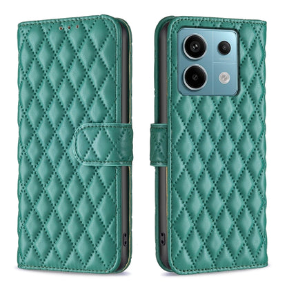 Diamond lattice leather flip phone case with magnetic strap, teal green