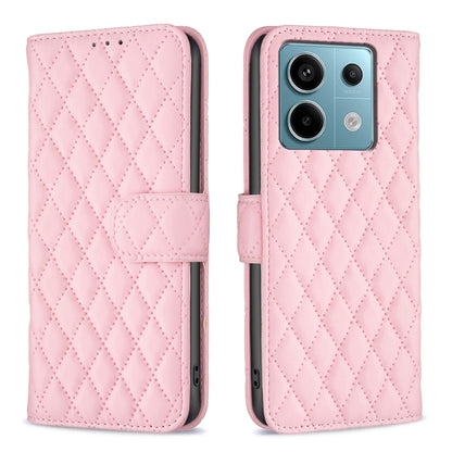 Diamond lattice leather flip phone case with magnetic strap, light pink