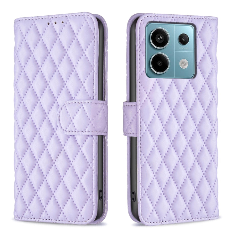 Diamond lattice leather flip phone case with magnetic strap, light purple