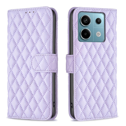 Diamond lattice leather flip phone case with magnetic strap, light purple