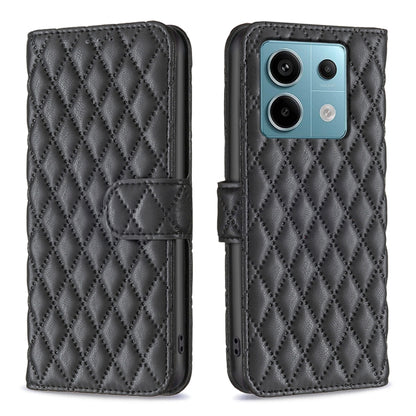 Diamond lattice leather flip phone case with magnetic strap, dark gray/black
