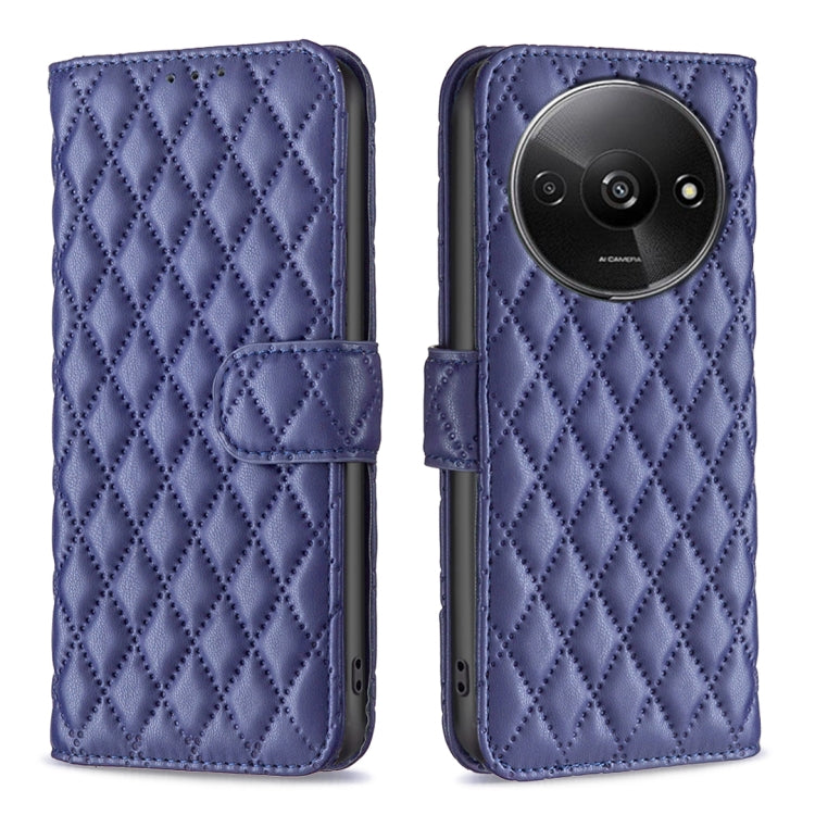 Diamond lattice leather flip phone case in blue with magnetic wallet flap