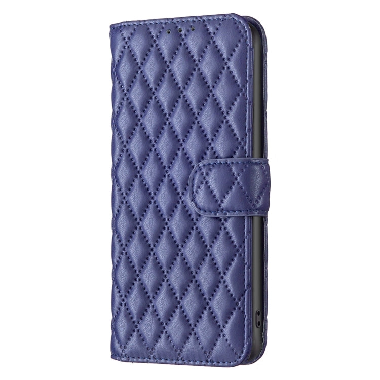 Blue diamond lattice leather flip phone case with front wallet pocket