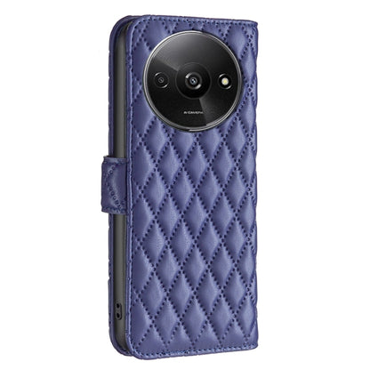 Blue diamond lattice leather flip phone case with camera cutout and strap