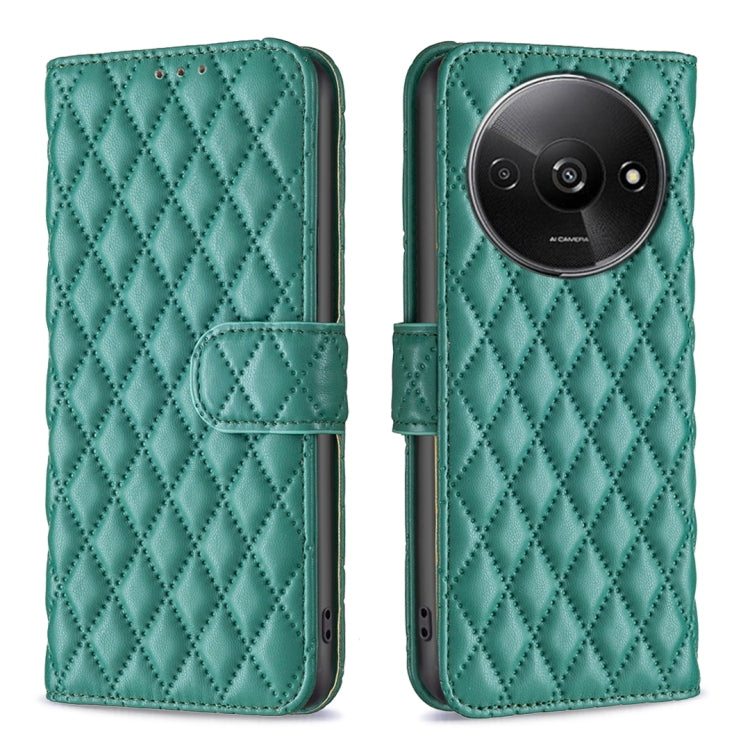 Green diamond lattice leather flip phone case with magnetic closure and strap