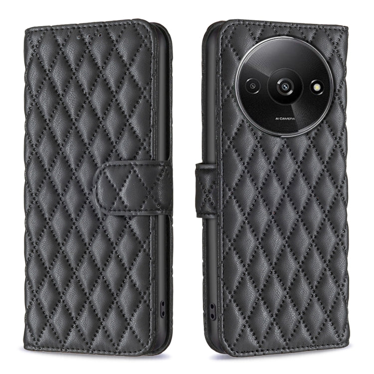 Diamond lattice leather flip phone case with magnetic strap, dark gray/black