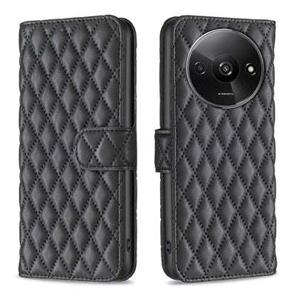 Diamond lattice leather flip phone case with magnetic strap, dark gray/black