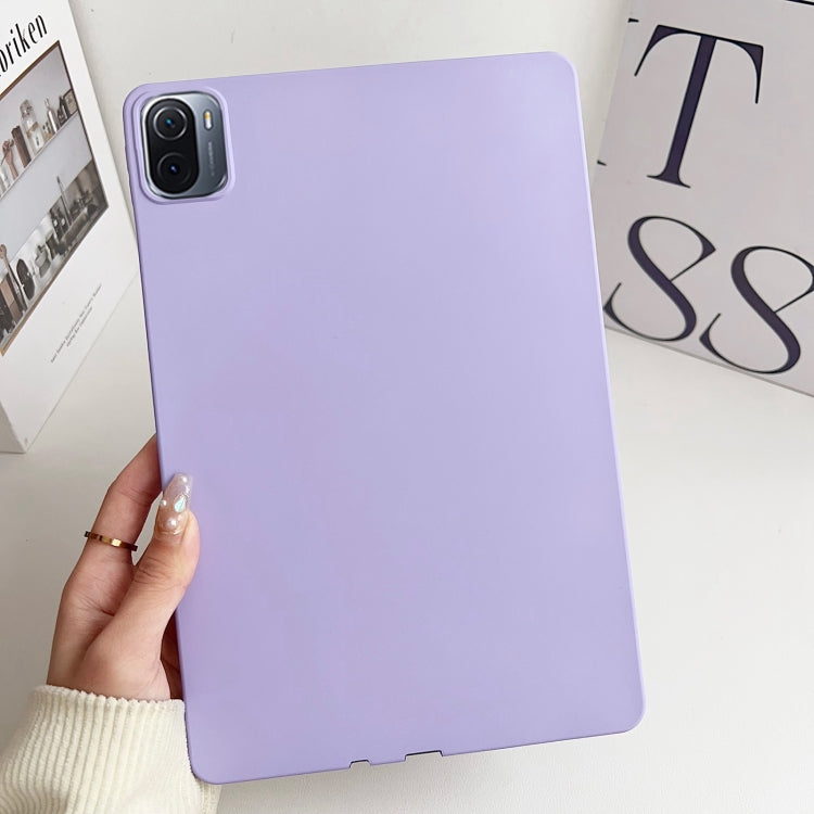 Light lavender tablet case with camera cutout and slim protective edges.