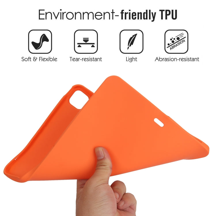 Orange flexible TPU tablet case with hand grip and camera opening.