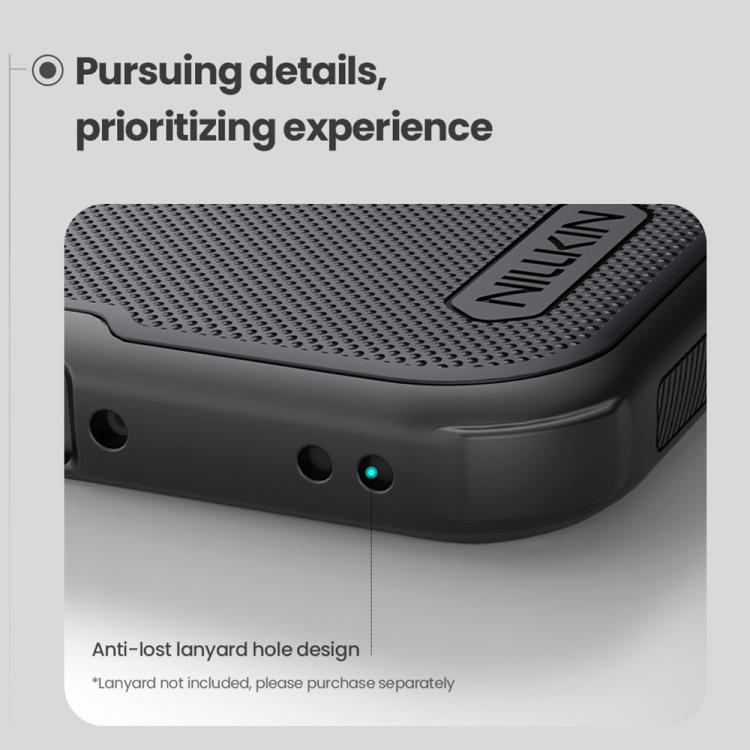 Black textured phone case corner with anti-lanyard hole and NILLKIN logo