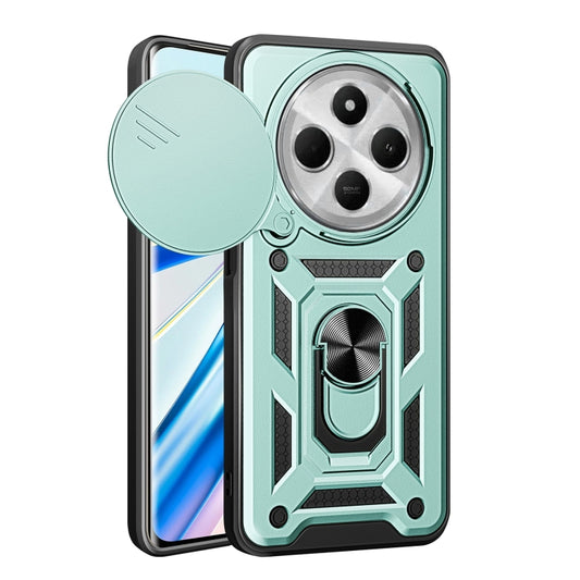 Mint green rugged phone case with sliding camera cover and ring stand cutout