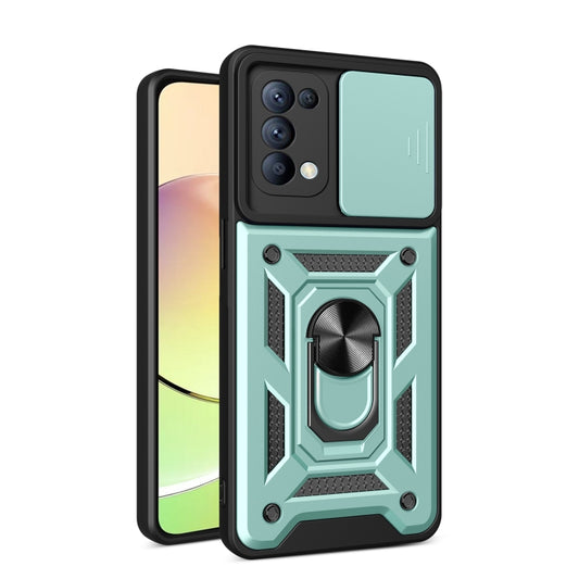 Rugged TPU-PC phone case with sliding camera cover, mint accents, and ring stand