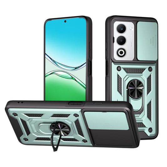 Sliding camera cover phone case with ring stand, mint and black TPU/PC shell.