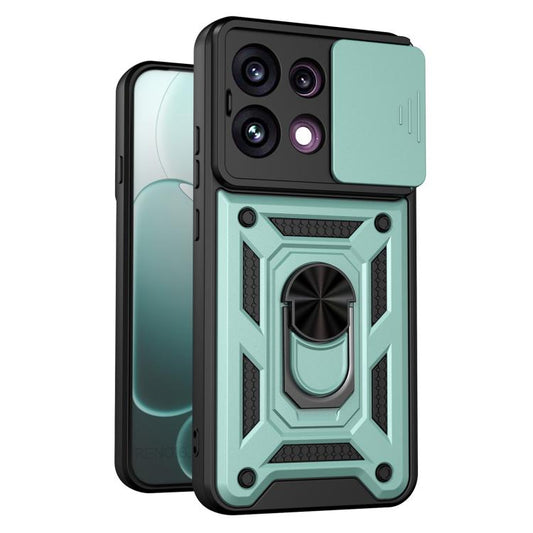 Mint green and black rugged sliding phone case with raised camera cover and ring stand