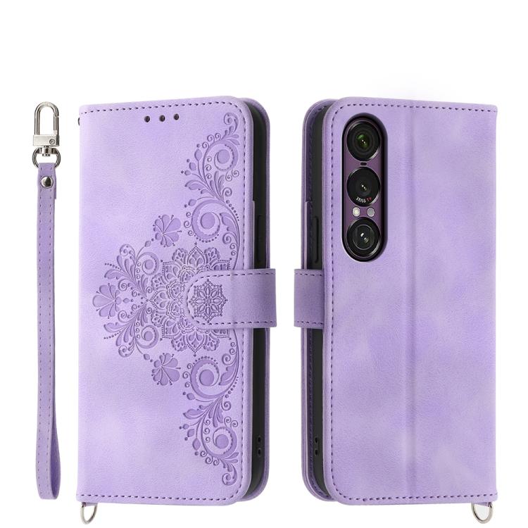 Lavender embossed floral wallet phone case with wrist strap and magnetic closure