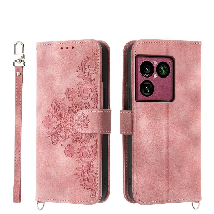 Pink embossed floral leather phone wallet case with wrist strap and card slots
