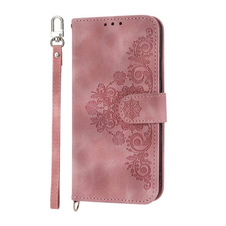 Pink embossed floral leather phone wallet case with front strap and wrist loop