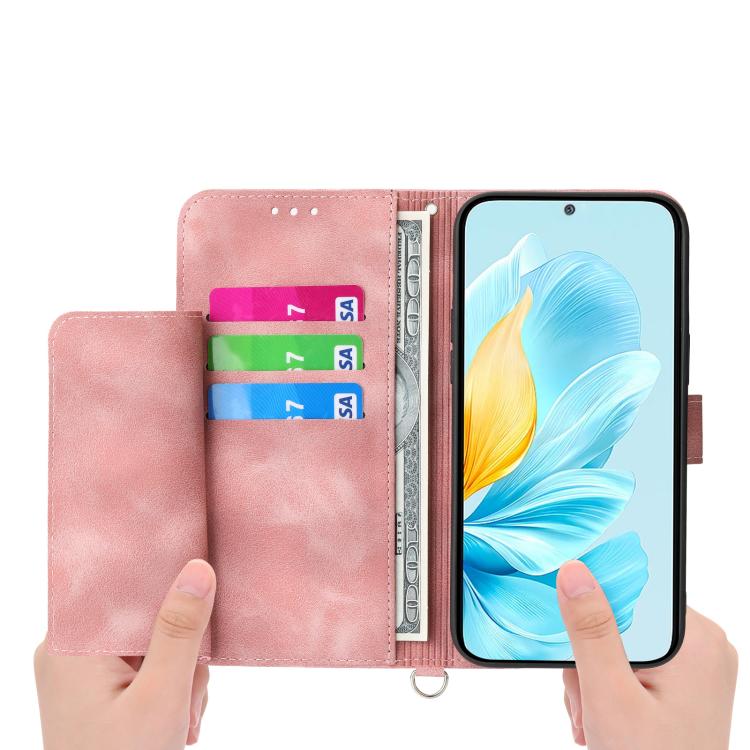 Pink leather phone wallet case opened with card slots and visible phone back