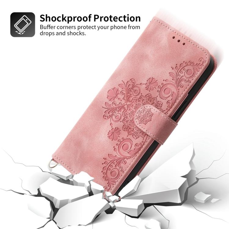 Pink embossed floral leather phone wallet case with flip cover and strap loop