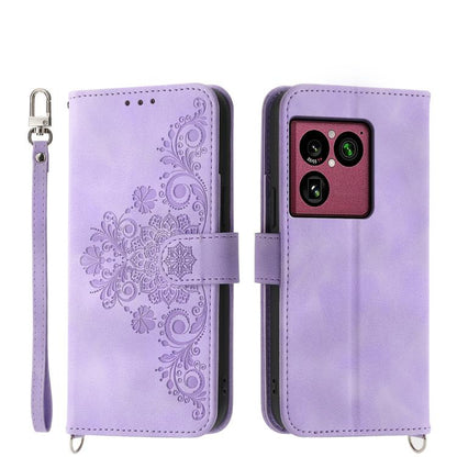 Lavender embossed floral leather phone wallet case with wrist strap and flip cover