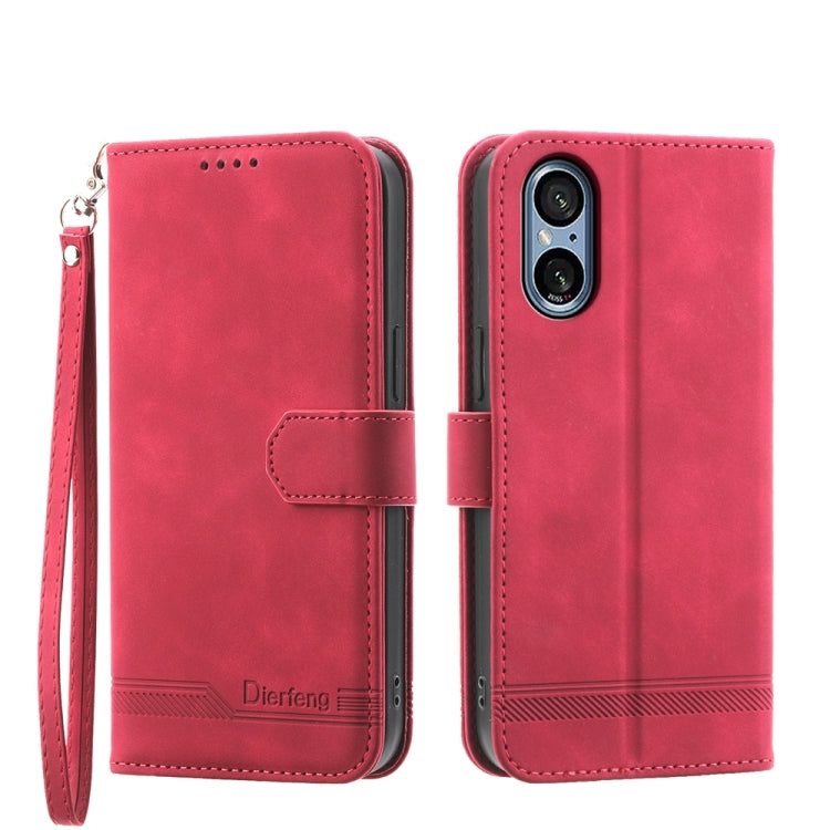 Red wallet-style phone case with wrist strap and magnetic flap; front cover window.