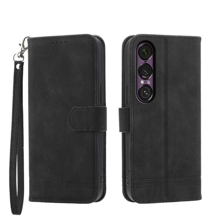 Black wallet-style phone case with wrist strap and magnetic flap; camera cutout.