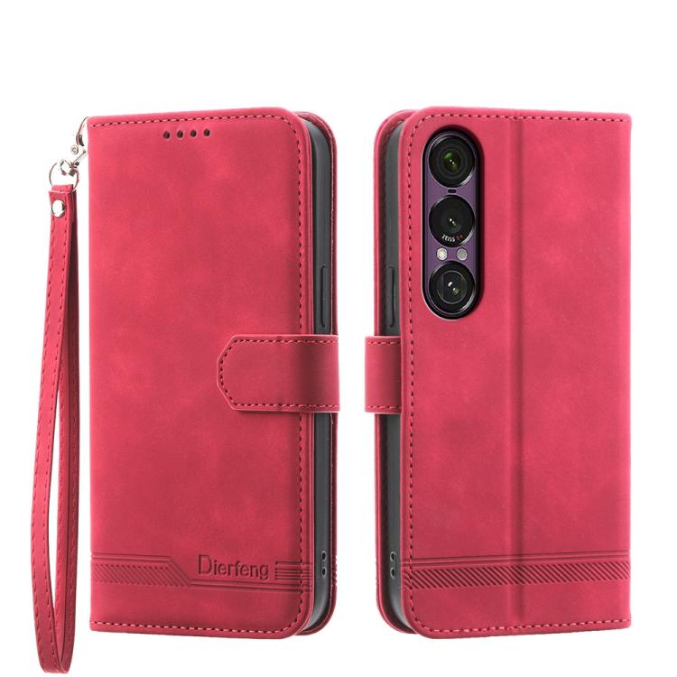 Red wallet-style phone case with wrist strap and magnetic flap; camera cutout.