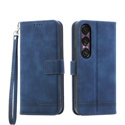 Blue wallet-style phone case with wrist strap and magnetic flap; camera cutout.