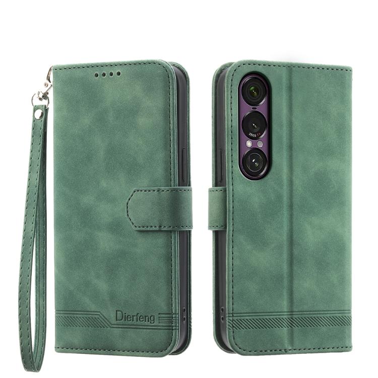 Green wallet-style phone case with wrist strap and magnetic flap; front cover window.