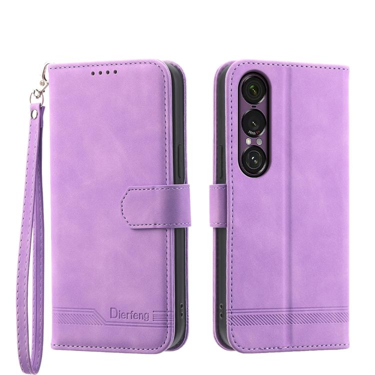 Purple wallet-style phone case with wrist strap and magnetic flap; front cover window.