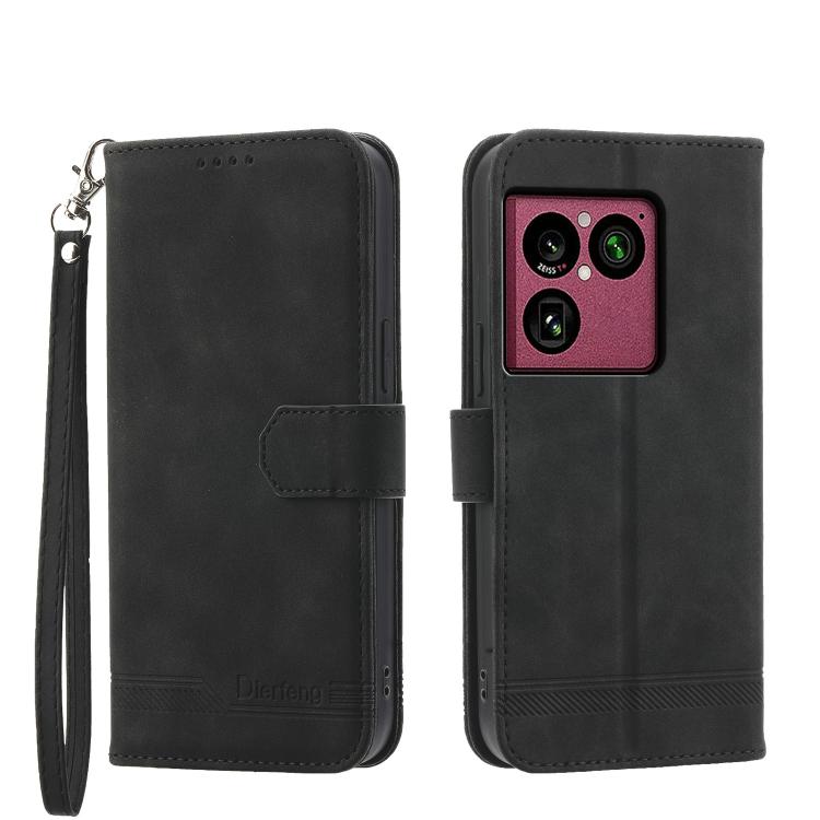 Black flip wallet phone case with wrist strap and magnetic closure, camera cutout.