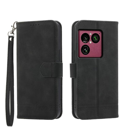 Black flip wallet phone case with wrist strap and magnetic closure, camera cutout.