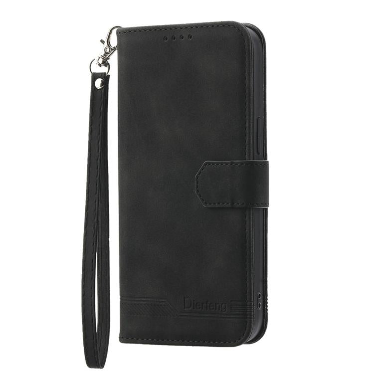 Black folio wallet phone case with wrist strap and front cover flap, button openings.