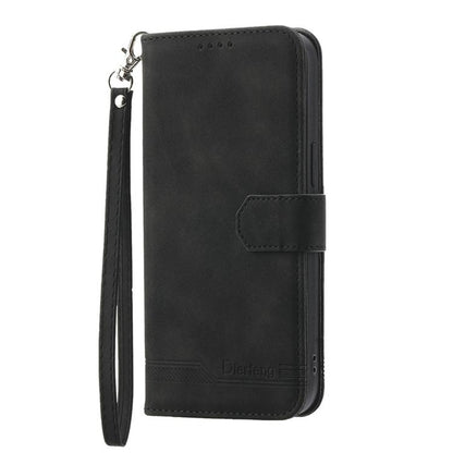Black folio wallet phone case with wrist strap and front cover flap, button openings.